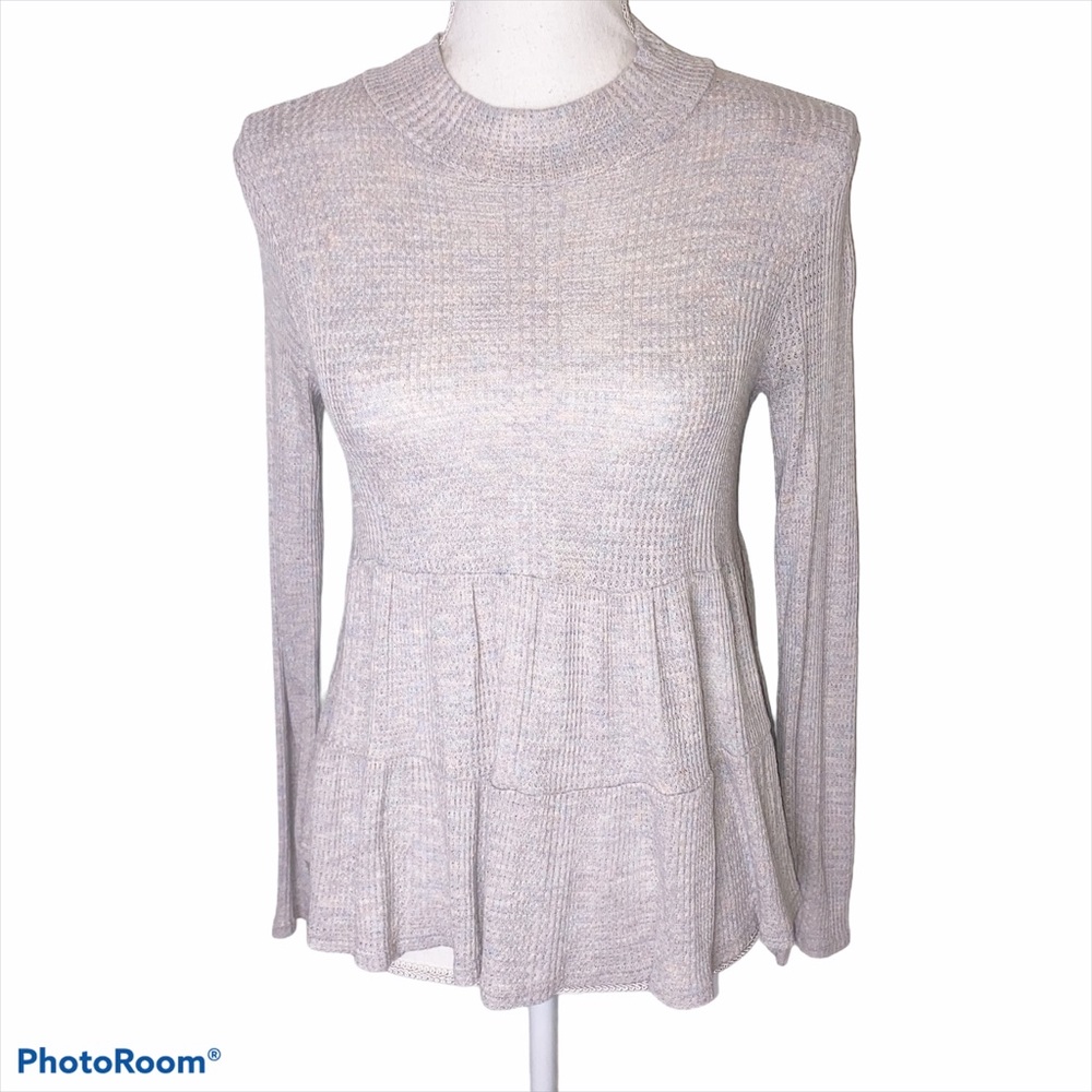 Blue Blush Pastel Mock Neck Peplum Ruffle Knit Top